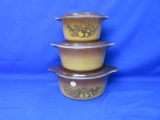 Vintage Pyrex Set Of 3 Cinderella Nesting Casserole Dishes “Old Orchard” - #475 - #474 - #473 -