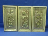 Set of 3 Framed 3-D Wall Hangings – Classical Style w/ Flowers/Acorns – 15 1/8” x 8 1/8”