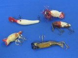 5 Plastic Fishing Lures – 2 are Hula Poppers - No Maker's marks – Longest is 4 1/2”