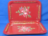 2 Vintage Metal Bed Trays – Pretty Red with Pink Roses – 17 1/2” x 12 1/2” - Stand 7 1/2” tall