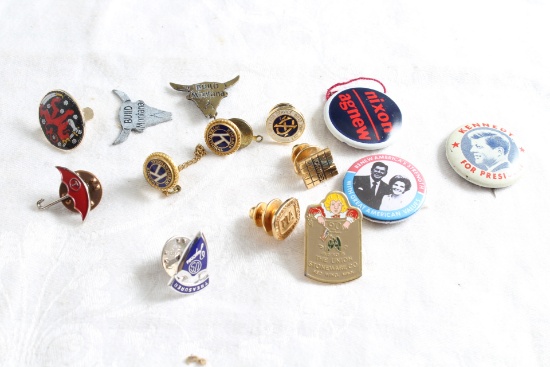 Vintage Lot Pins Some Political, Long Horn Steers, Union Stoneware Red Wing MN