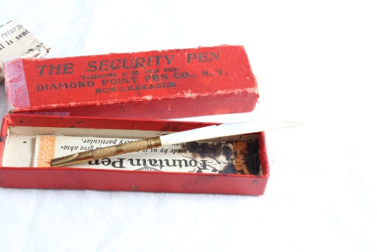 Antique Security Pen Diamond Point Mother of Pearl in Original Box with Paper