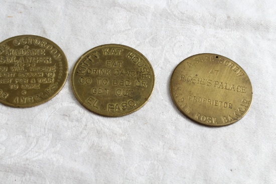 3 Vintage Whorehouse Tokens MADAME BOLANGER, ROSIE'S PALACE Kitty Kat House Fantasy Brothel tokens