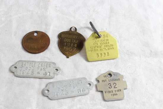 6 Antique Dog Tags, 1937 Woodbury Co., 1945 Battle Creek (2), 1957 Woodbury Co