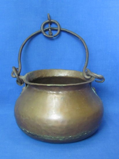 Rustic Copper Bowl or Pot with Iron Handle – About 7” in diameter – 5 1/2” tall wo handle