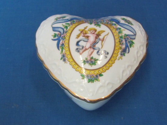 Hammersley Bone China Trinket Box – Heart Shaped w Cherub – 4” wide – Made in England