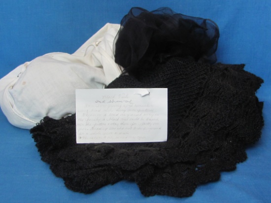 4 Black Veils & 1 Black Crocheted Shawl in Pinned Handkerchief Bag – Handwritten Note