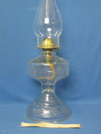 Clear Glass Oil Lamp with Eagle Burner – Leaf & Vine Design in Base – 18 1/4” tall w Chimney