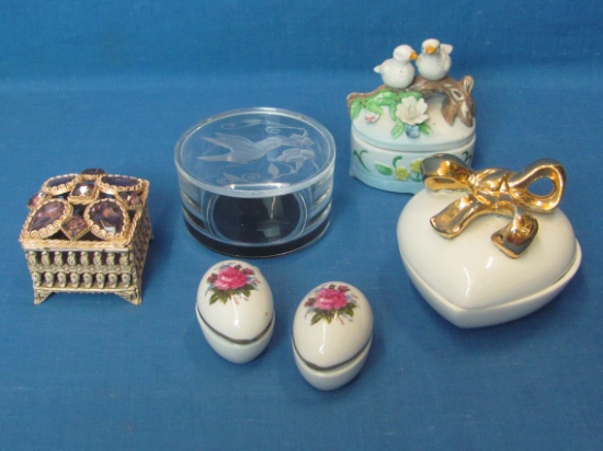Trinket Boxes: 2 Small Porcelain Egg Shaped – Lefton Heart w Box – Clear Acrylic w Hummingbird