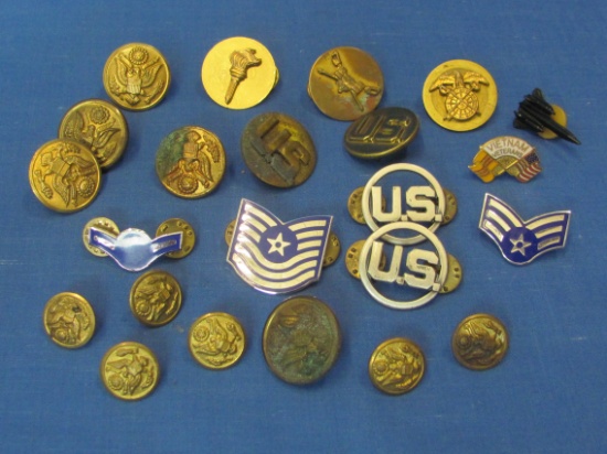 Lot of Military Pins, Button, Cap Pins – US, Eagle w Crossed Swords, Stripes