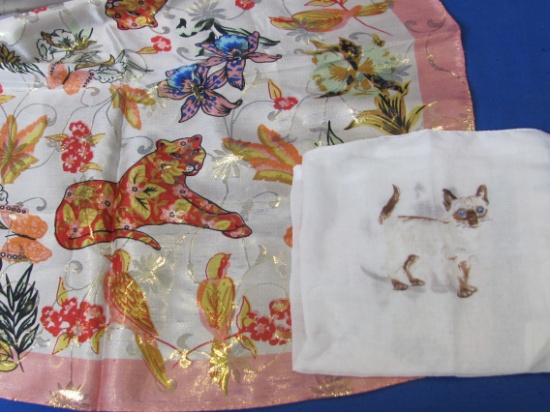 Silk ? Scarf w Gold Thread & Cats – Vintage Handkerchief with Siamese Cat Prints