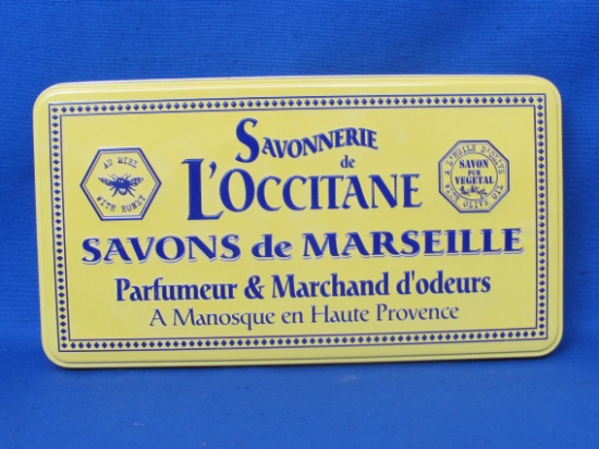 French Soap Tin “Savons de Marseille” - Yellow with blue Lettering – 9 1/2” x 5”