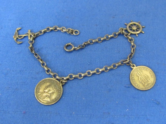 Vintage Sterling Silver Charm Bracelet – 2 Sterling Charms – 2 Coin Charms – 7” long – 6.7 grams