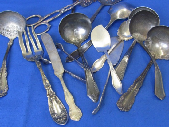 Mixed Lot of Silverplate Serving Pieces – Many Ornate – Ladles, Spoons, Butter Knives, Sugar Tongs