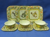 9 Piece J. Chein & Co. Tin Tea Set - 3 Teacups, 3 Saucers, 3 Plates -