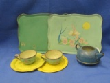 7 Tin Tea Set Pieces - 2 Trays (1 by Ohio Art Co.), 2 Matching Tea cups, 2 Plates, Teapot