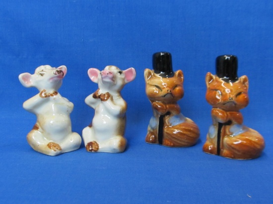 2 Pairs of Ceramic Salt & Pepper Shakers: Cows & Foxes in Top Hats – Taller is 3”