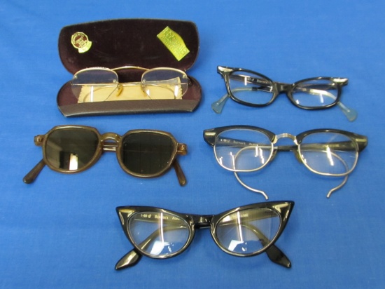 5 Pairs of Vintage Eyeglasses: 4 are Plastic (1 Cat Eye) – Gold Filled Wireless in Hard Case