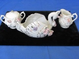 Porcelain Swan Candle Holder-Creamer-Sugar Set By Sphinx In Japan