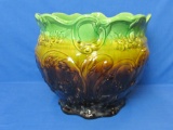 Large Pottery Jardiniere/Planter – Ornate Design – Green & Brown Glossy Glaze – 10” tall