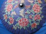 Vintage Paper Parasol/Umbrella – Purple w Red/Pink Roses – Original Paper Cover