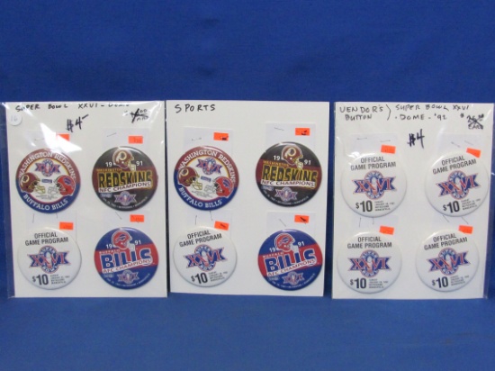 Lot Of 3 Sheets Of Vendor Buttons Super Bowl XXVI MetroDome 1992