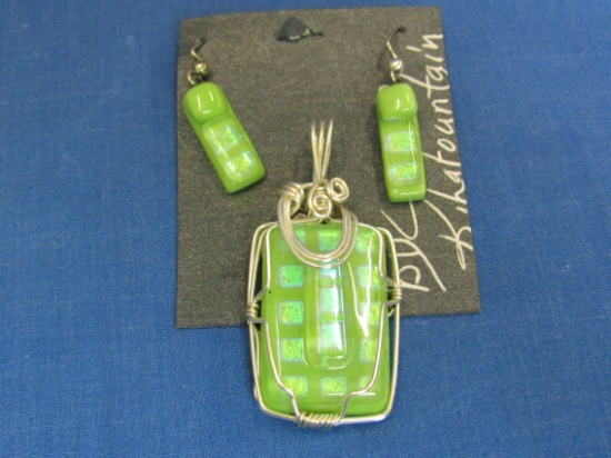 Designer Iridescent Green Glass Pendant & Earrings – Pendant is 2” long