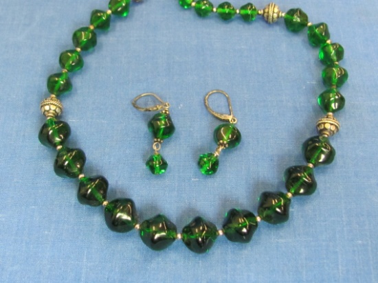 Green Glass Beaded Necklace & Earrings (Earrings have Sterling Silver Wires) Necklace is 27”