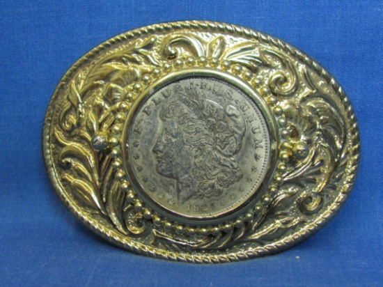 Goldtone Metal Belt Buckle with 1921 Morgan Silver Dollar – Coin weighs 26.7 grams