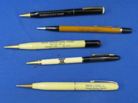 Lot Of 5 Assorted Iowa Advertising Mechanical Pencils – “All Tested & Work”