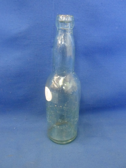 Blob Top Bottle “Fred Miller Brew Co” Milwaukee 9 ¼”H Sea Foam Green With Natural Iridescence -