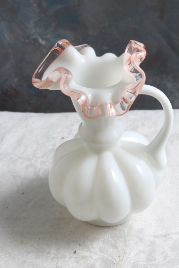 Fenton Milk Glass with Pink Ruffled Glass Rim Pitcher Vase 5 1/4" Tall