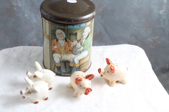Vintage TINDECO English Hunt Scene Tin w/Lid & 2 Sets Porcelain Pig S&P