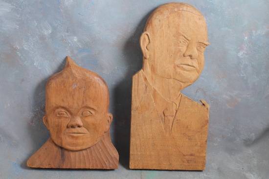 2 Primitive Handcarved Wood Items 8" Child & 12 1/4" Man