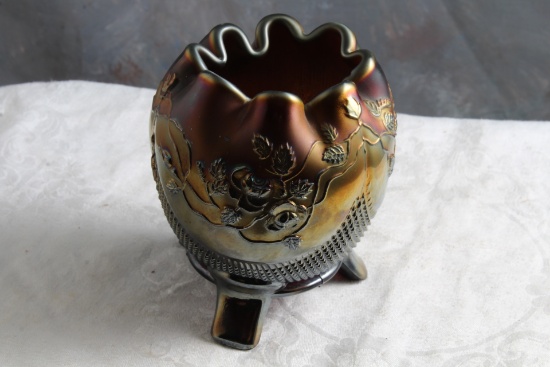 Vintage Northwood Amethyst Carnival Glass Rose Bowl Vase 3 Footed small chip