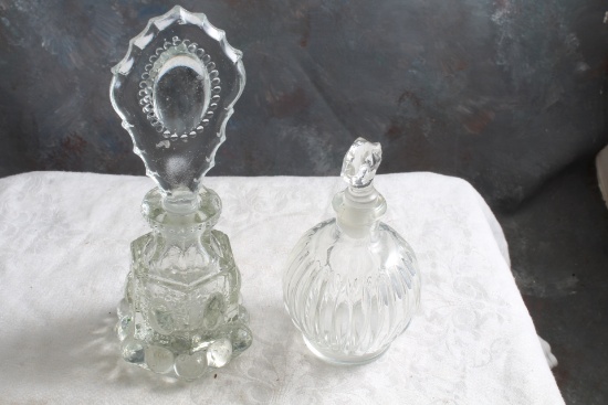 2Glass Perfume Bottles with Stoppers 7 1/4" Beaded Design & 4 3/4" Ribbed