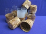 A Set of Unique Design Cocktails Glasses & Organic Bamboo Glass Holder (Good Condition)