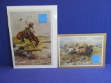 Lot Of 2 Tom Russel Western Prints – Indian Buffalo Hunt & Cowboy