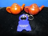 Set Of 2 Teapot Salt & Pepper Shakers- With Bottle Opener/Light Keychain