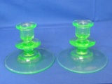 Pair of Green Depression Glass Candle Holders – 5” wide at base – 3 3/4” tall