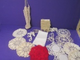 Vintage Fancy Work: 10 Doilies 6-7” DIA each, Crocheted Bag, Tatted Lace & More