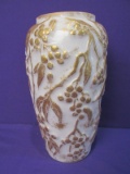 Gilded Milk Glass Vase With Raised Vine & Berry  Design  10” Tall x appx 5” Widest