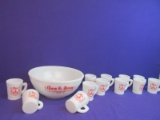 McKee Glass –  Tom & Jerry Set: Hobmail Bowl & 12 Cups – Red Scroll Design