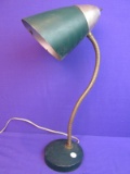 Vintage Desk Lamp – Brass & Green Finished Metal – Cone-Shaped Shade – Goose-Neck