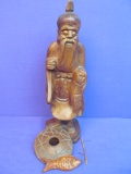 Vintage Original Asian Chinese Teak Carved Teak Wood Figure Fisherman