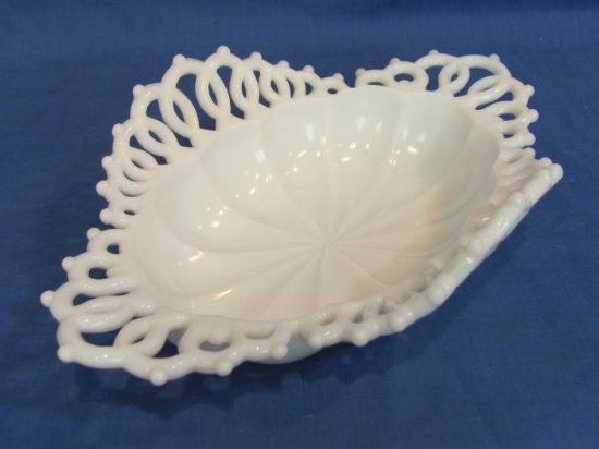 Oval Milk Glass Bowl/Dish – Lacy Edge – Interesting Design – 10” x 6”