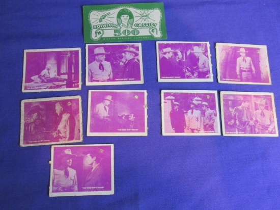 Hoppalong Cassidy Trading Cards, 1 Milton Bradley Play money, & 1929 Movie Ad