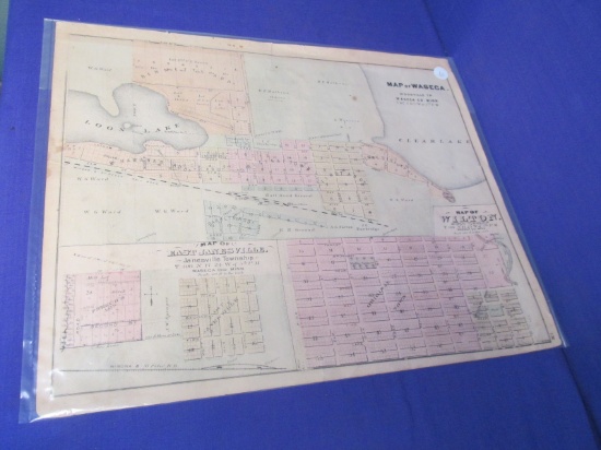 1874 Atlas Map of Waseca County MN w/ City Maps on Back Side entire sheet is  14” x 8”