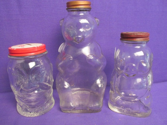 3 Glass Bank Jars: Lucky Joe (Nash's Mustard), Snwo Crest Beverages Inc. Bear, & Pig