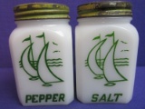 Vintage Hazel Atlas Salt & Pepper Shakers w/ Green Sailboat Design – Metal Screw Caps